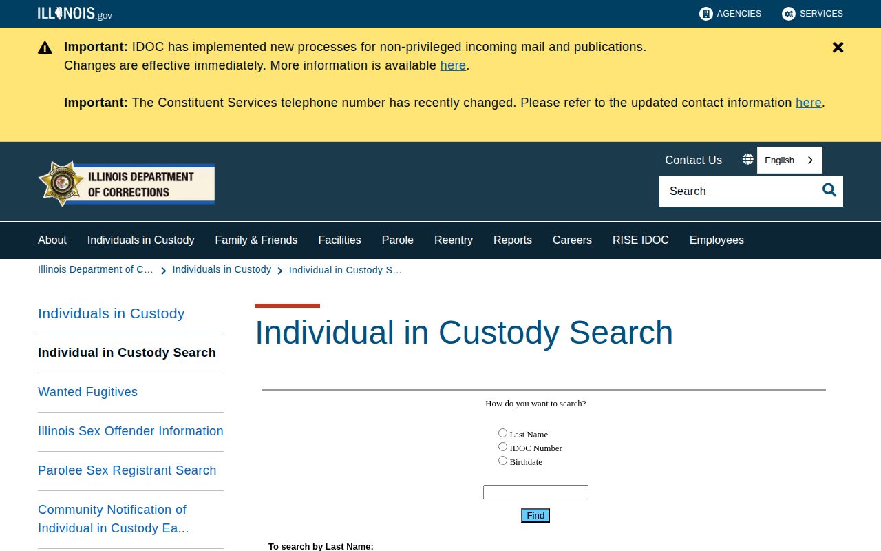 Illinois Department of Corrections offender search interface for state custody records and photos