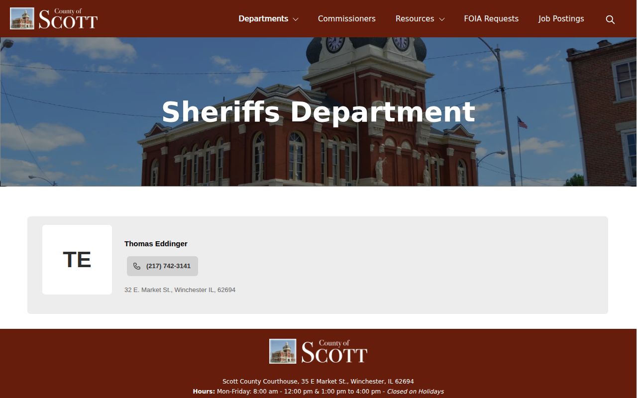 Scott County Sheriff's Office contact page showing no county roster