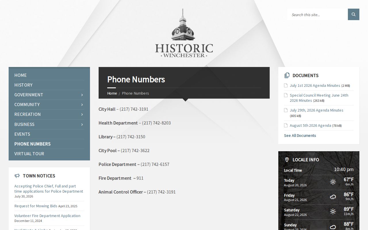 Winchester city phone page showing the alternate police contact number to verify